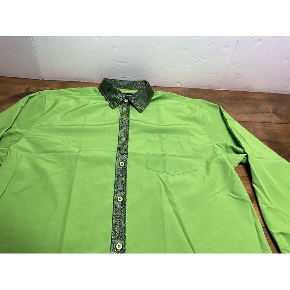 Barry Wang Green Paisley Long Sleeve Mens Shirt Button Party Business Shirt - Picture 4 of 9